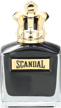 Woda perfumowana Scandal Pour Homme Le Parfum, czarny flakon Jean Paul Gaultier ze złotym korkiem koroną, widok frontalny.