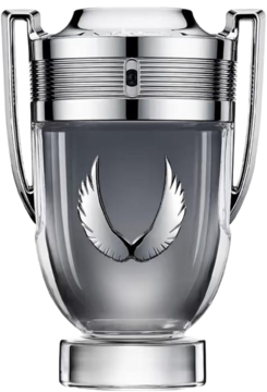 Invictus Platinum, męski zapach w butelce w kształcie srebrnego trofeum z godłem skrzydeł, widok z przodu.