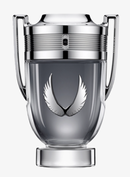 Invictus Platinum, męskie perfumy w szarym flakonie trofeum ze srebrnymi uchwytami i emblematem skrzydeł, z przodu.