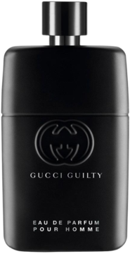 Czarna, matowa butelka perfum Gucci Guilty Pour Homme z wytłoczonym logo GG i srebrną zakrętką, widok z przodu.
