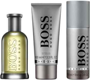 Zestaw Hugo Boss Boss Bottled: woda toaletowa w szklanej butelce, szary żel pod prysznic i dezodorant w sprayu.