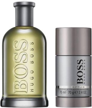 Zestaw Hugo Boss Bottled: szklana butelka EDT 200ml z żółtym płynem i szary dezodorant, widok z przodu.