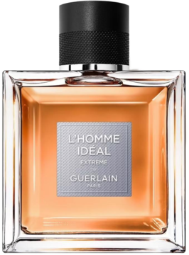 Flakon Guerlain L'Homme Idéal Extrême EDP, bursztynowy płyn, prostokątny, czarny korek, srebrna etykieta, widok z przodu.