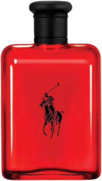 Woda toaletowa Ralph Lauren Polo Red w prostokątnej, czerwonej butelce z czarną nakrętką i logo, widok z przodu.