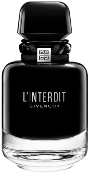 Ciemna butelka perfum Givenchy L'Interdit, z czarnym korpusem, srebrnym napisem i przezroczystą podstawą, widok frontalny.