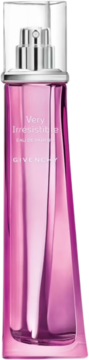 Różowa woda perfumowana Givenchy Very Irresistible w wysokiej, szklanej butelce z fasetami, widok z przodu.