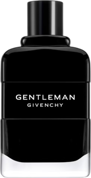 Givenchy Gentleman woda perfumowana, czarna butelka z białym napisem, widok z przodu z przeźroczystą podstawą.