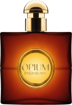 Yves Saint Laurent Opium Pour Femme orientalna woda toaletowa, bursztynowa butelka, złoty korek, widok z przodu.
