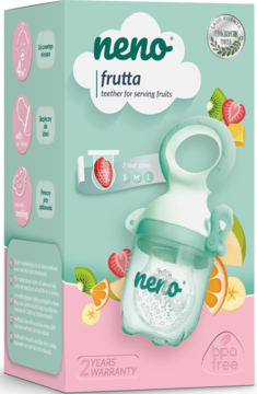 Miętowy gryzak Neno Frutta do owoców, widoczny w otwartym, różowo-zielonym kartoniku z grafikami owoców.