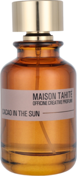 Brązowa butelka wody perfumowanej Maison Tahité Cacao In The Sun ze złotą nakrętką, widok z przodu.
