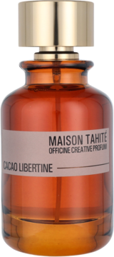 Maison Tahité Cacao Libertine, bursztynowa butelka perfum ze złotą nakrętką i beżową etykietą, widok przód.