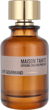 Maison Tahité Café Gourmand, perfumy w bursztynowej butelce ze złotą nakrętką, z jasną etykietą, widok z przodu.