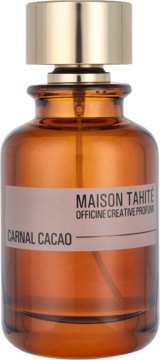 Maison Tahité Carnal Cacao, perfumy w bursztynowej butelce z złotym korkiem, widok z przodu, beżowa etykieta.