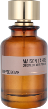 Maison Tahité Coffee Bomb woda perfumowana, brązowa butelka ze złotą zakrętką, widok z przodu.