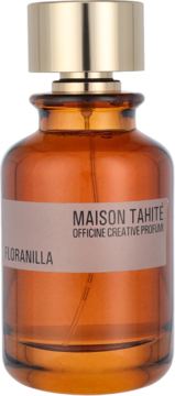 Bursztynowa butelka perfum Maison Tahité Floranilla ze złotą nakrętką, widok z przodu na beżową etykietę.