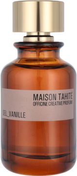 Bursztynowa butelka perfum Maison Tahit&#233; Sel_Vanille ze złotą nakrętką, widok z przodu.