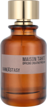 Brązowa butelka wody perfumowanej Maison Tahité VaneXstasy z złotą nakrętką i etykietą.