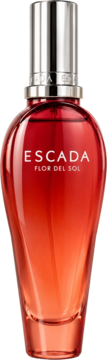 Escada Flor del Sol woda toaletowa. Przejrzysta butelka z czerwono-pomarańczowym gradientem i srebrnym korkiem, widok z przodu.