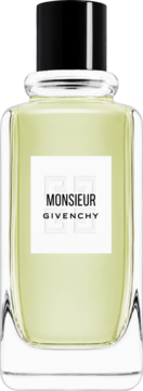Butelka Givenchy Monsieur Eau de Toilette z jasnożółtym płynem, przezroczyste szkło, czarna nakrętka, widok z przodu.