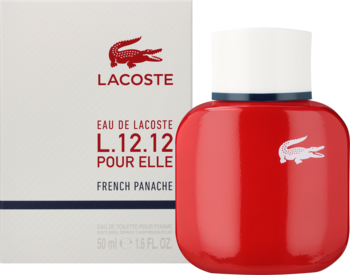 Biały kartonik Lacoste L.12.12 Pour Elle French Panache obok czerwonej butelki perfum z białym korkiem.