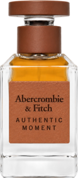 Męska woda toaletowa Abercrombie & Fitch Authentic Moment, bursztynowy płyn, brązowa etykieta.