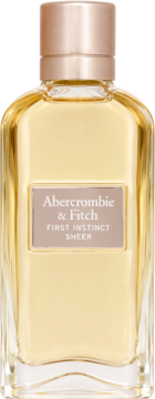Abercrombie & Fitch First Instinct Sheer EDP, złocista woda perfumowana w prostokątnej butelce z miedzianą nakrętką.