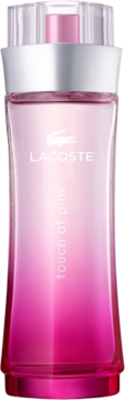 Lacoste Touch of Pink, flakon perfum o różowym gradiencie, srebrny pierścień, logo, widok z przodu.