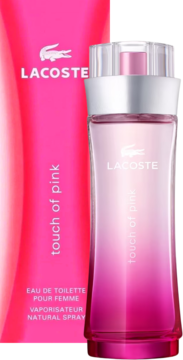 Różowa butelka wody toaletowej Lacoste Touch of Pink o gradientowym kolorze, przed pasującym pudełkiem.