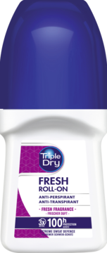 Triple Dry Fresh Roll-On antyperspirant w białej butelce z fioletową zakrętką, widok z przodu, logo Triple Dry.