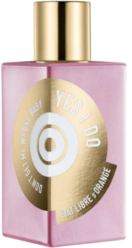 Różowa butelka Etat Libre d'Orange Don't Get Me Wrong Baby Yes I Do EDP z złotą etykietą, widok z przodu.
