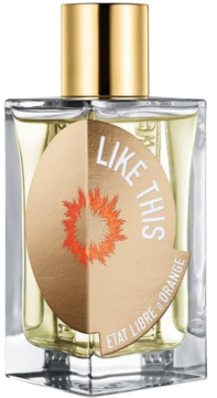 Woda perfumowana Etat Libre d'Orange Like This. Szklana butelka ze złotą nakrętką i etykietą z pomarańczowym słońcem.