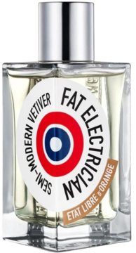 Woda perfumowana Fat Electrician od Etat Libre D'orange w przezroczystej butelce z bursztynowym płynem i okrągłą etykietą.