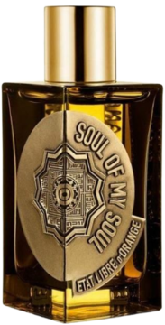 Złoty flakon perfum Soul of My Soul Etat Libre d'Orange z bogatym metalowym emblematem, widok z przodu.