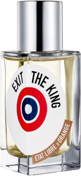 Perfumy Exit The King Etat Libre d'Orange. Szklana butelka ze srebrnym korkiem, biała etykieta z logo, widok z przodu.