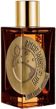 Bursztynowa butelka perfum Etat Libre d’Orange Spice Must Flow z złotym korkiem i emblematem 'Spice Must Flow'.