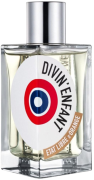Perfumy unisex Etat Libre d’Orange Divin'Enfant w szklanej butelce, biała etykieta z okrągłym logo, widok z przodu.