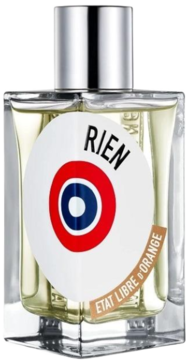 Etat Libre D'Orange Rien, pikantne perfumy w przezroczystej butelce z okrągłą etykietą z logo celownika.