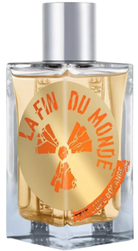 Woda perfumowana unisex La Fin du Monde, bursztynowy płyn, złota etykieta z pomarańczowym symbolem nuklearnym, widok z przodu.