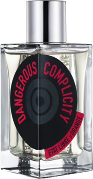 Perfumy Etat Libre d'Orange Dangerous Complicity w przezroczystej butelce z czarną etykietą w kształcie płyty.