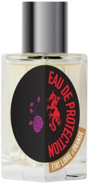 Eau de Protection Etat Libre d'Orange, butelka perfum, czarna etykieta z czerwoną grafiką i fioletową różą, widok z przodu.