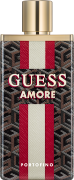 Flakon perfum Guess Amore Portofino, prostokątny, złoty korek, ciemny wzór G z czerwono-białymi pasami. Widok z przodu.