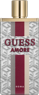 Guess Amore Roma perfumy, biały flakon z logo, czerwone, szare i beżowe pasy, złota zakrętka, widok z przodu.