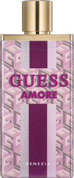 Guess Amore Venezia perfumy, prostokątna butelka w geometryczne wzory różu i purpury, złota nakrętka, widok z przodu.