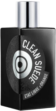 Czarna, matowa butelka perfum Etat Libre d'Orange Clean Suede z okrągłą etykietą i srebrnym korkiem.