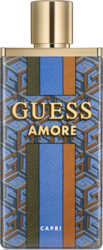 Guess Amore Capri perfumy, flakon z geometrycznym wzorem i kolorowymi paskami, widok z przodu.