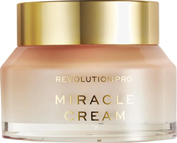 Revolution PRO Miracle Cream, słoiczek nawilżającego kremu do twarzy z witaminą C, ze złotą nakrętką, widok z przodu.