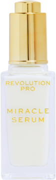 Szklana butelka Revolution Pro Miracle Serum z białą cieczą, złotą nakrętką i napisem, widok z przodu.