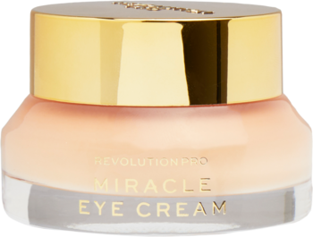 Krem pod oczy Revolution Pro Miracle Eye Cream, szklany słoiczek z beżowym kremem, złota zakrętka, widok z przodu.