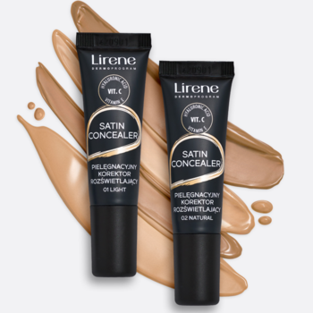 Korektor w płynie Lirene Satin Concealer, 01 Light i 02 Natural, z wit. C i kwasem hialuronowym, na tle swatches.