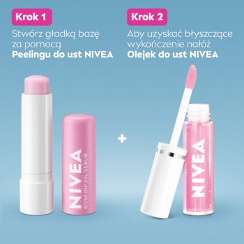 Zestaw NIVEA: peeling do ust w białym sztyfcie i różowy olejek z aplikatorem. Produkty pokazane jako Krok 1 i Krok 2.